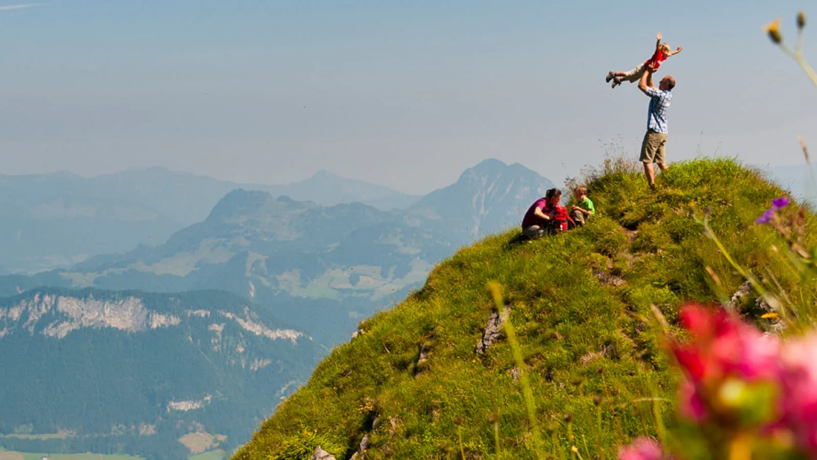 Wanderer auf einem Gipfel mit Blumenwiese und Bergpanorama