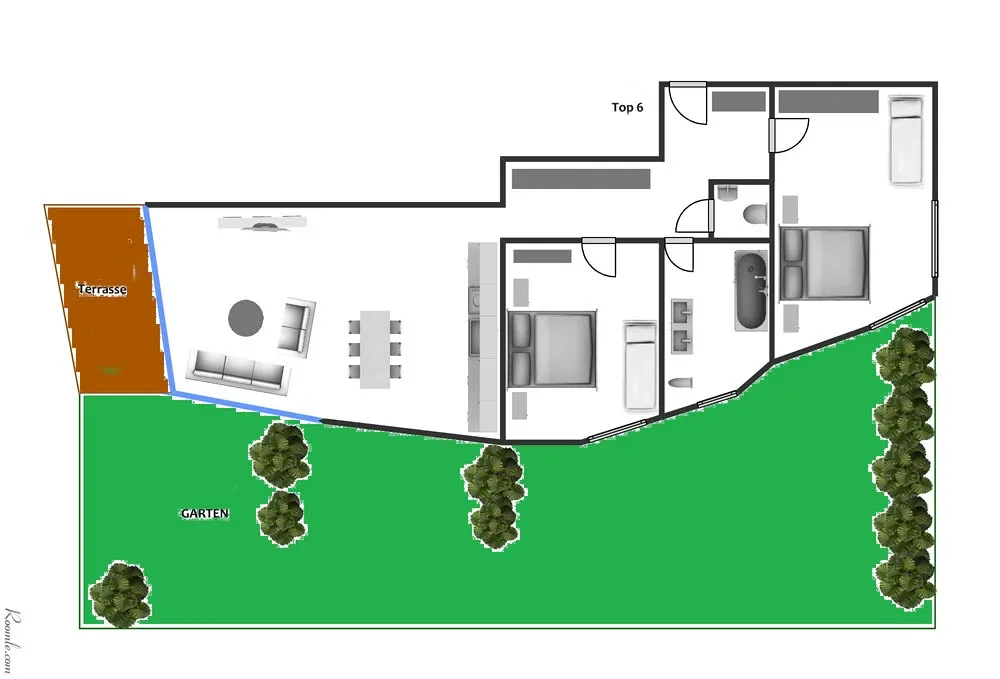 Grundriss des Apartments Top 6 mit Terrasse und Garten