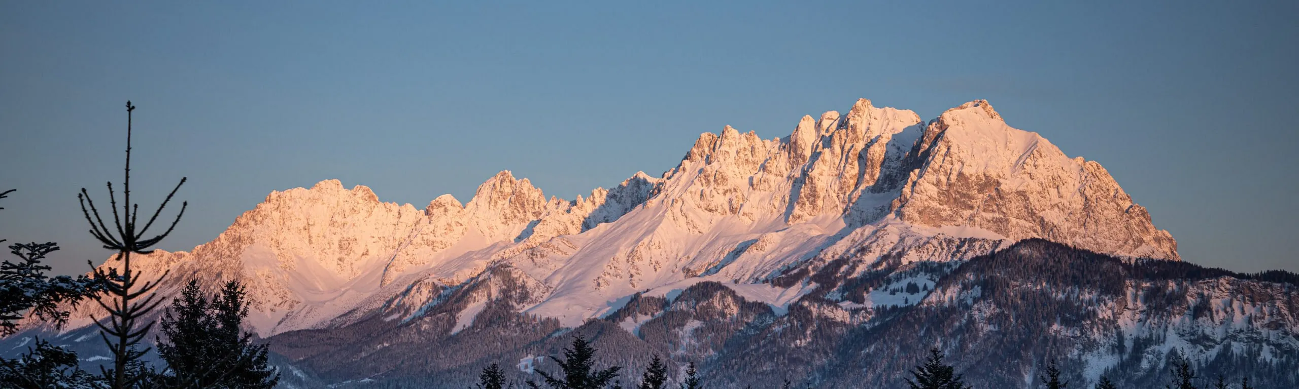Wilder Kaiser im Abendrot mit verschneiten Bäumen