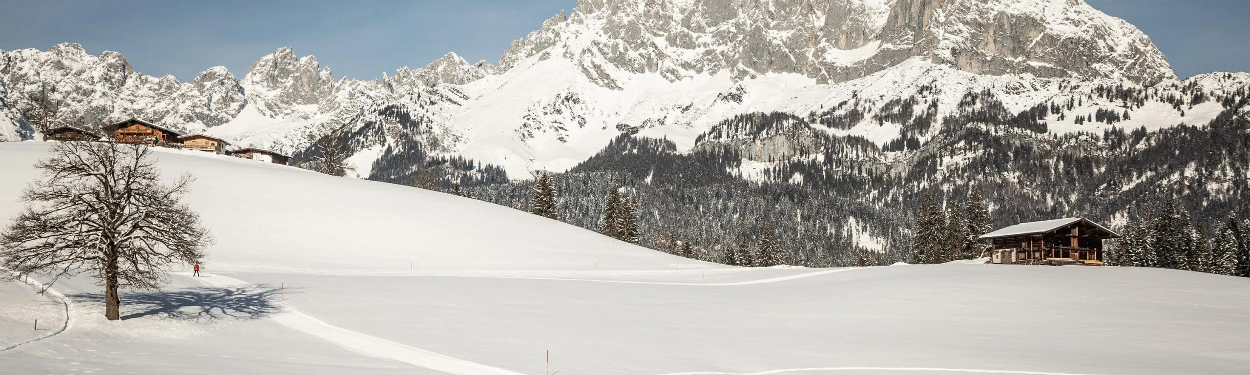 Verschneite Landschaft mit Bauernhöfen vor dem Wilden Kaiser